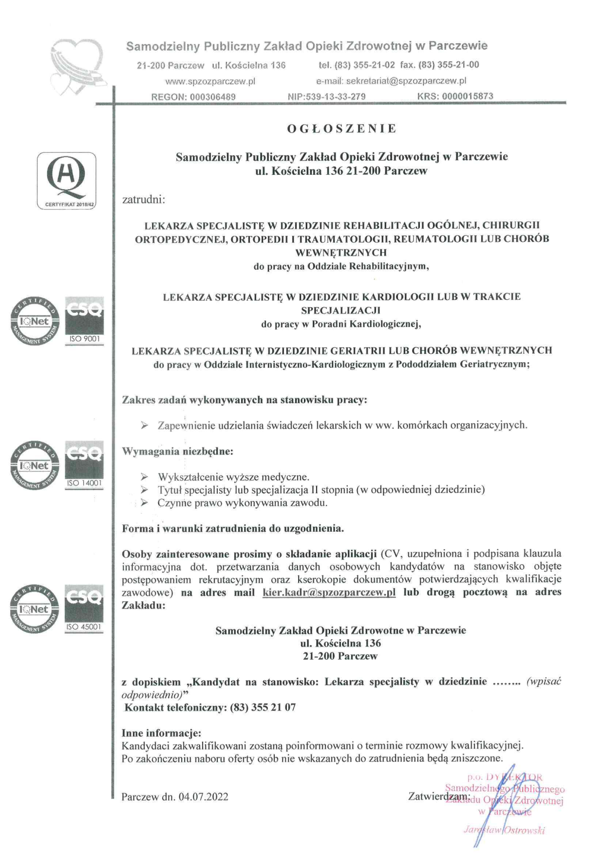 Ogłoszenie lekarz praca 05.07.2022